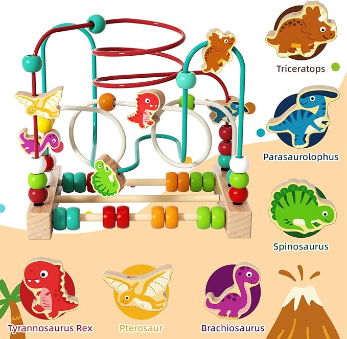 Wooden Bead Maze Roller Coaster Toys for Toddlers, Dinosaur Colorful Shape Montessori Toys for 2-3 Year Old, Educational Learning Counting Toy for Baby Kids, Gift for Girls Boys