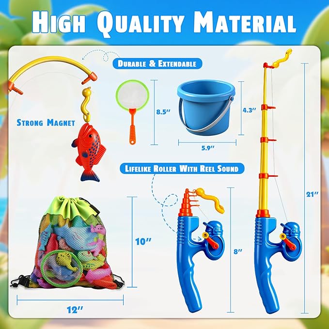 CozyBomB™ Magnetic Fishing Toys Game Set for Kids | Water Table Bathtub Kiddie Pool Party Pole Rod Net, Outdoor Plastic Floating Fish, Toddler Bath Color Ocean Sea Animals Easter Gift Age 3-5 6 4-8