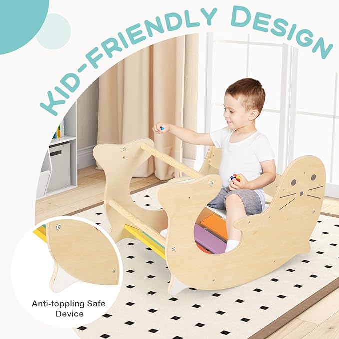 Olakids Climbing Arch for Toddlers, 3 in 1 Kids Wooden Rocking Horse Toy Climber Rocker Play Table, Baby Pikler Montessori Indoor Activity Climb Gym Playground Gift for Boys Girls