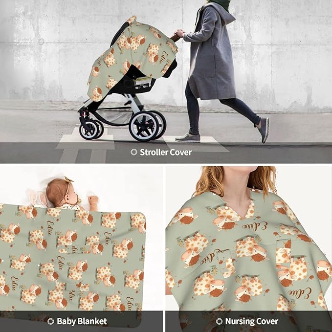 Personalized Baby Car Seat Canopy for Babies with Name, Custom Car Seat Covers for Boys Girls, Infant Opening Minky Nursing Breastfeeding Stroller Cover Carseat Canopies for Newborn (Cute Cow Floral)