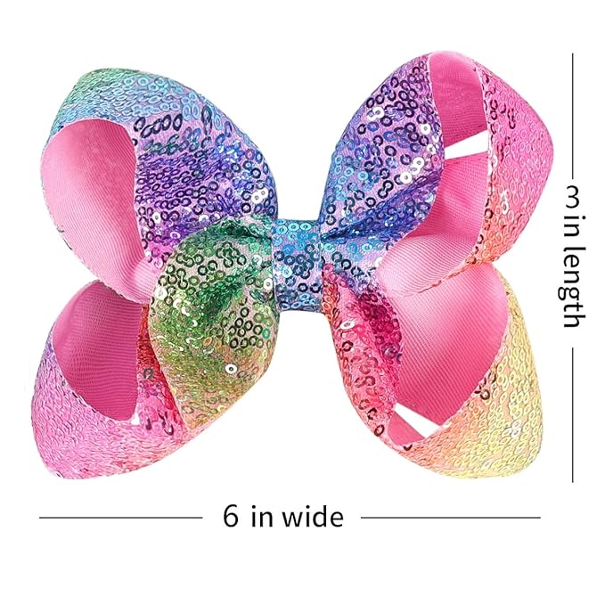 6 Inch Rainbow Sparkly Glitter Sequin Hair Bows for Girls Toddlers Kids Children Teenage (2PCS)