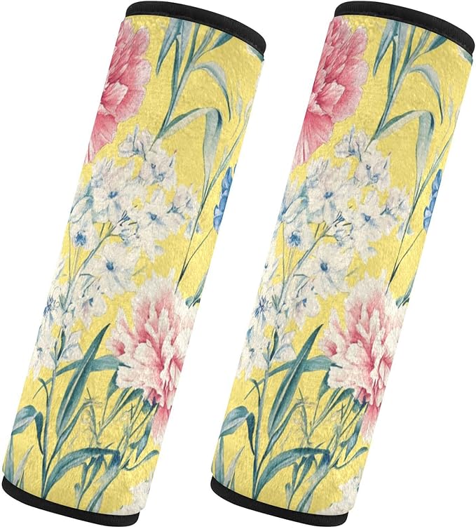 Car Seat Belt Pads Covers Set of 2 Breathable Backpack Shoulder Strap Pad Cover for Women Men Kids M Florals Carnation Delphinium Flower Yellow