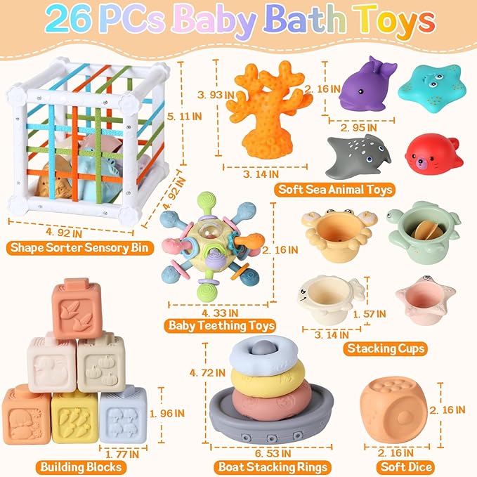 7-in-1 Montessori Baby Toys with Shape Sorter Sensory Bin, Stacking Cups, Soft Sea Animal Toys for 6-12-18 Months, Fun Bath Time Learning Developmental Toys Gifts for 1 2 3 Year Old Girls Boys
