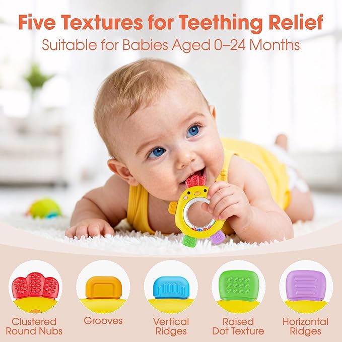 Teething Rings with Rattle & Sensory Toy BPA Free Silicone Teethers for Babies 6-12 Months Baby Teething Relief Chew Toys for Infant Newborn, Babies Essential for Boys Girls 0-24 Months