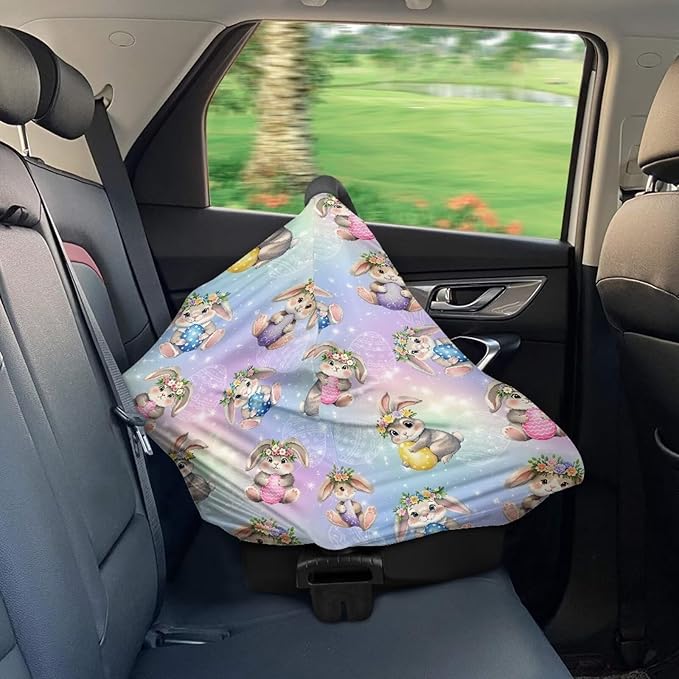 Wanyint Easter Rabbit Eggs Colorful Car Seat Covers for Babies Girls Boys, Stretchy Carseat Canopy Soft Baby Breastfeeding Cover Nursing Scarf Infant Stroller Cover
