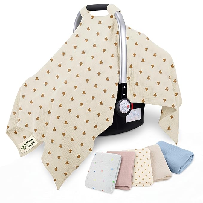 100% Organic Muslin Cotton Car Seat Cover 35 x 50 Inches Soft Touch Breathable Canopy, Protective Car Seat Cover Baby All Seasons Lightweight Car Seat Cover Travel Comfort (Beige Hearts)