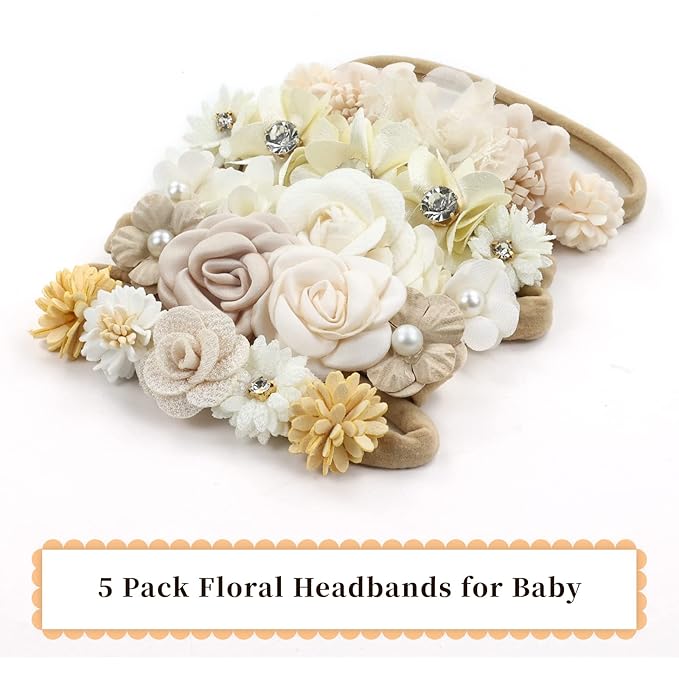 Cinaci 5 Pack Delicate Floral Flower Nylon Headbands Hair Bands Accessories for Baby Girls Newborns Infants Toddlers Kids (5 Pack S7)