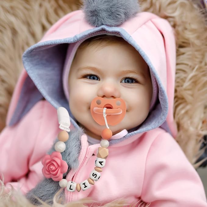 Personalized Pacifier Clip with Name for Baby, Customized Pacifier Clip Fits All Pacifiers, Pink