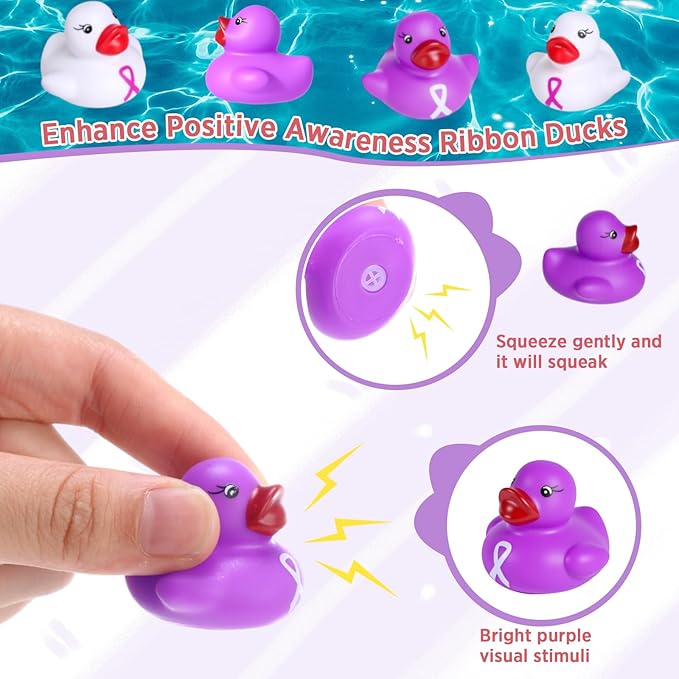 Lunmon 200 Pcs Purple and White Rubber Ducks Cervical Health Alzheimers Awareness Product Domestic Violence Awareness Ribbon Duck Float Mini Bath Toy Bulk Pancreatic Cancer for Charity Event Supplies