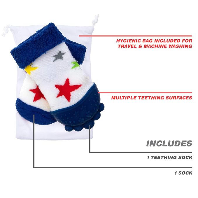 Nuby Soothing Teether Sock, Blue Stars, 5"