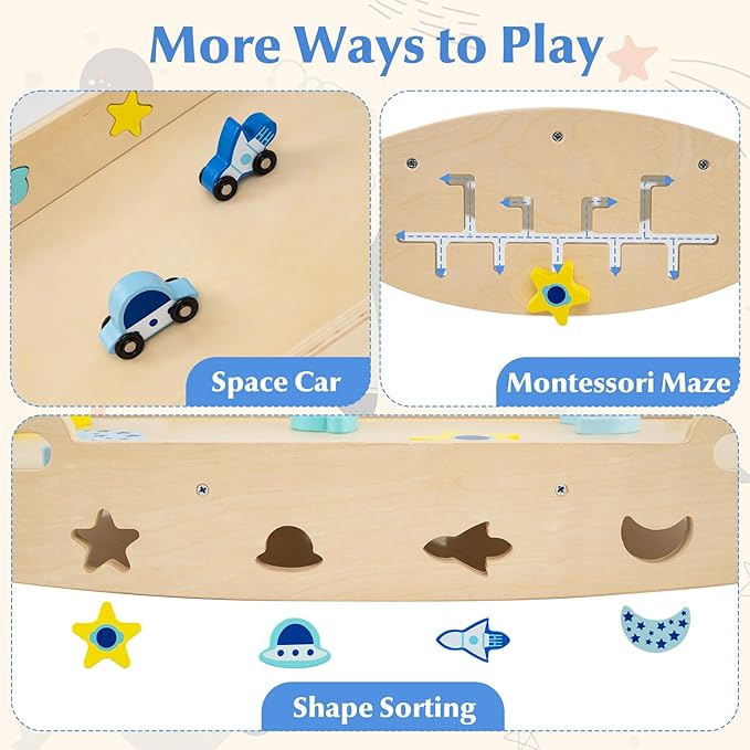 Olakids Pikler Triangle Set, 13 in 1 Astronaut Theme Foldable Wooden Montessori Toddler Climbing Toys Indoor with Cushion Ramp Arch Ladder Net