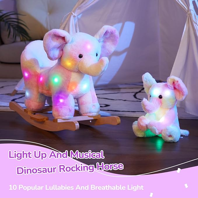 Glow Guards Light up Musical Elephant Baby Rocking Horse, Rainbow Elephant Rocker Set of 2 with Elephant Stuffed Animal, Stuffed Plush Ride-on Rocking Animal for Toddlers Baby Girl Ages 1-3