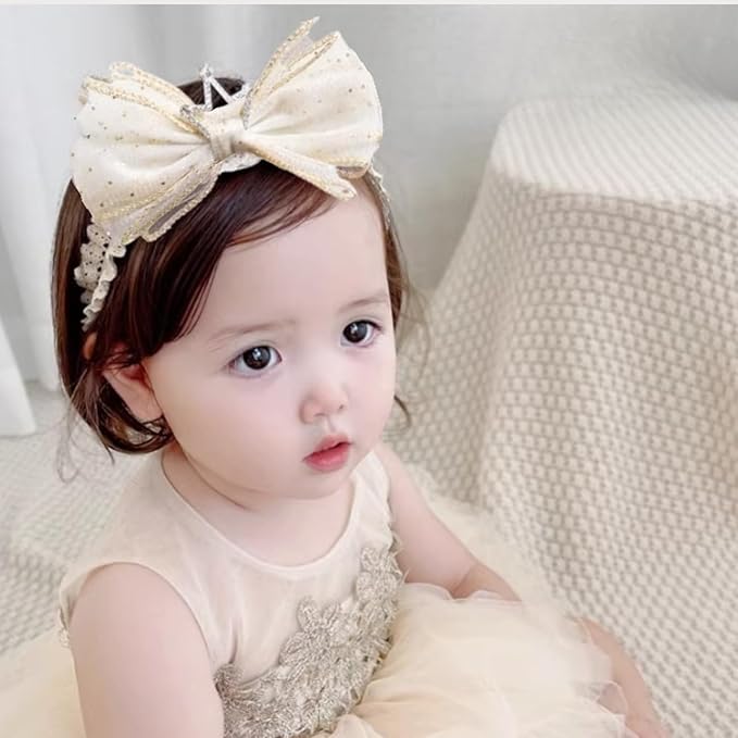 Baby Girls Hairband White Bow Lace Headbands Handmade Soft Stretchy Bowknot Hairbands Newborn Headband with Bows Pearls Elastic Head Band for Newborn Infant(Beige Crown Bow)