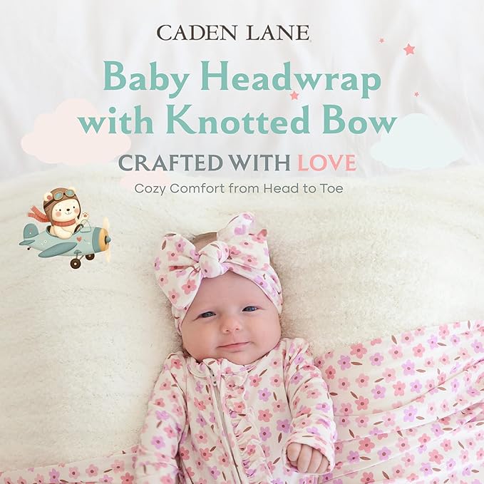 Caden Lane Baby Headwrap with Knotted Bow, Soft & Stretchy Bamboo Viscose, Comfortable Infant Hairband for Newborn & Toddler Girls, Ideal Gift for Baby Shower & Milestone Celebration, Blushing Blooms