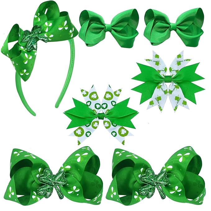 7PCS Lucky Shamrock Hair Accessories - Hair Bows Clips and Costume Accessories for Girls and Women