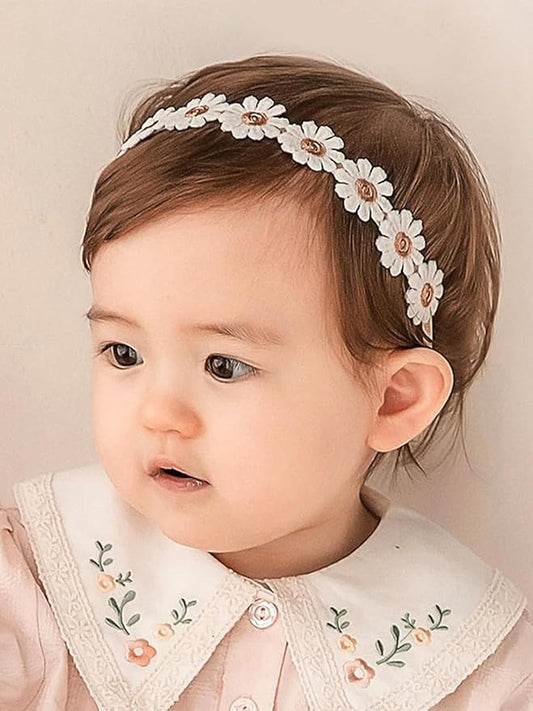 Baby Girls Flower Crown Headband Lace Handmade Floral Headbands Soft Elastic Band Daisy Hairband Newborn Infant Toddler Kids for Christening Baptism Birthday Party (White, Daisy)