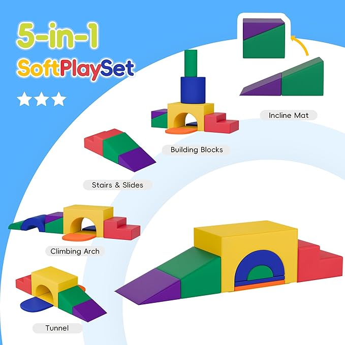 TOLEAD Soft Foam Climbing Blocks Set – Large 5-in-1 Soft Play Toys Crawling & Sliding Climbing Arch for Toddlers, Foam Playset for Nursery,Preschool (Classic American Color)