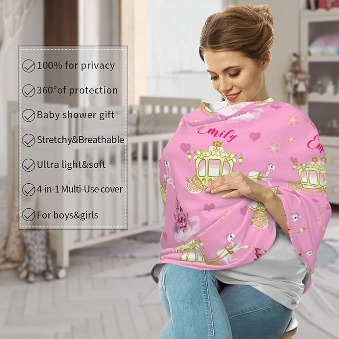 Personalized Baby Car Seat Cover for Girls, Custom Castles Nursing Covers for Breastfeeding with Name, Infant Stroller Cover, Baby Carseat Canopy for Newborn, Multiuse Car Seat Canopies