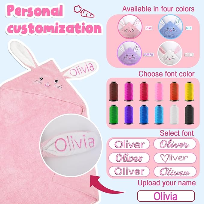 Custom Hooded Baby Towels with Name, Personalized Bunny Easter Gifts for Toddlers, Custom Baby Bath Towels for Newborn, Ultra Soft and Absorbent, Ideal for Girl Boy (Bunny)