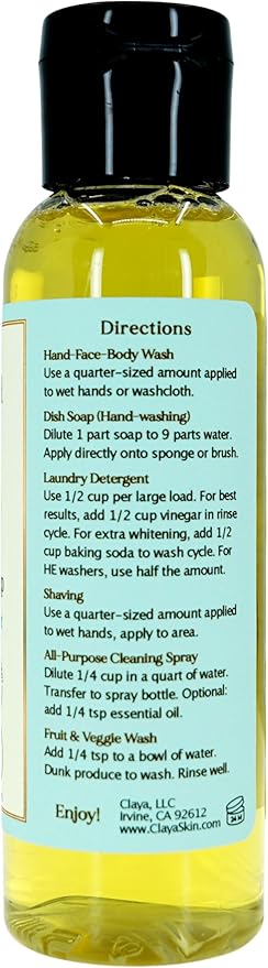 Claya Peppermint Liquid Castile Soap – Organic Ingredients, Biodegradable, Gentle for Sensitive Skin, Versatile Use and Travel Size (2 Pack of 2 fl oz)