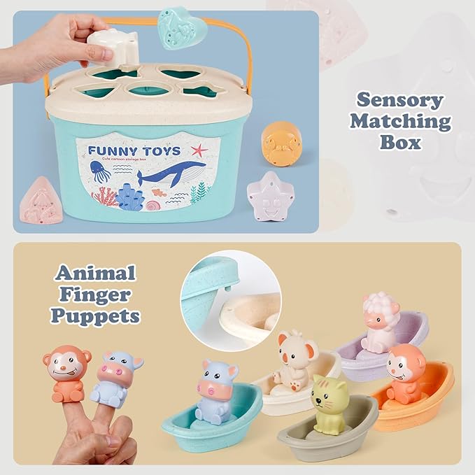 Montessori Baby Toys for Infants 6-18 Months, Shape Sorter for Toddler 6–12 Months, Sorting Stacking Toy for Fine Motor Skills, Sensory Learning Set with Stacking Rings for Babies Birthday Gift（Blue）