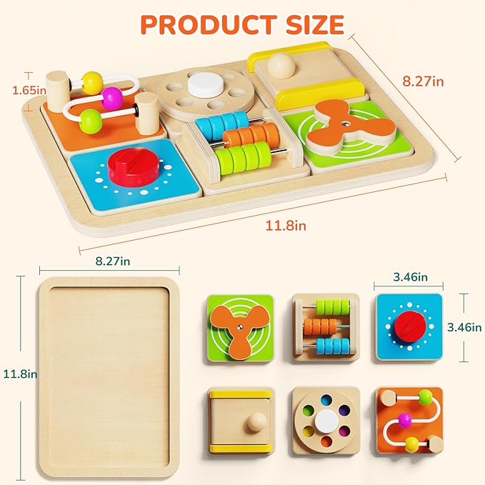 Montessori Busy Board for Toddlers 1-3, 6-in-1 Sensory Activity Cube, Fine Motor Skills Learning Toy with Bead Maze, Gears & Spinner, Quiet Travel Toy for 1 Year Old Boy and Girl Gifts