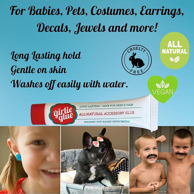 Girlie Glue and 30 stick-on accessories, Gentle Hair, Skin Adhesive for Babies & Pets, Non-Toxic, Long Lasting, Dries Clear, Washes Off with Water. 2 Tubes