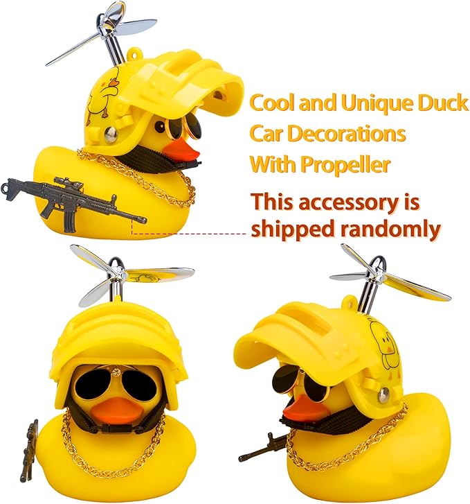 wonuu Rubber Yellow Duck Car Ornaments Cool Duck Car Dashboard Decorations with Propeller Helmet Sunglasses (Duck-Yellow G)