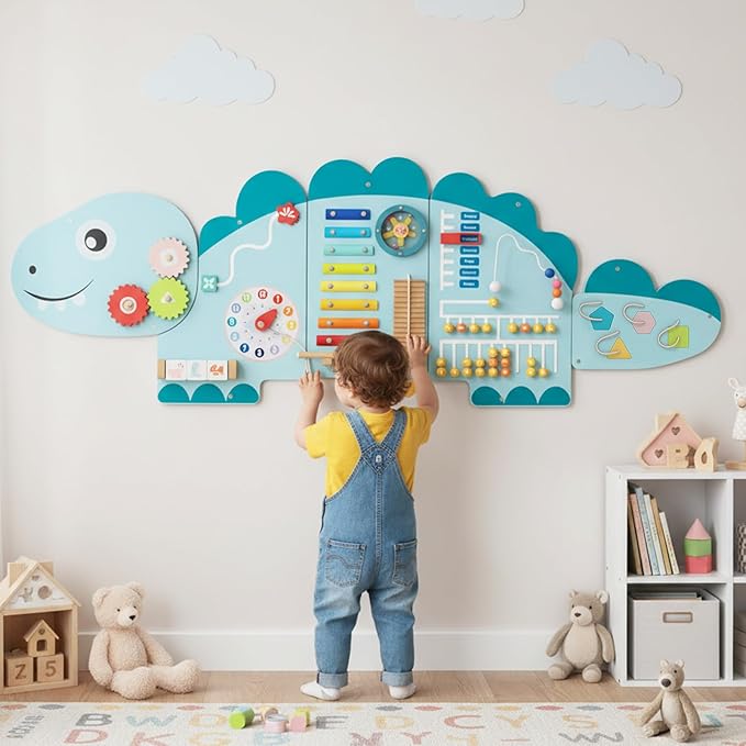 Olakids Dinosaur Sensory Wall, 11 in 1 Wooden Montessori Busy Board Panel, Toddler Wall Mounted Activity Center, Educational Toys Learning Gift for Boys Girls (Blue Dinosaur)