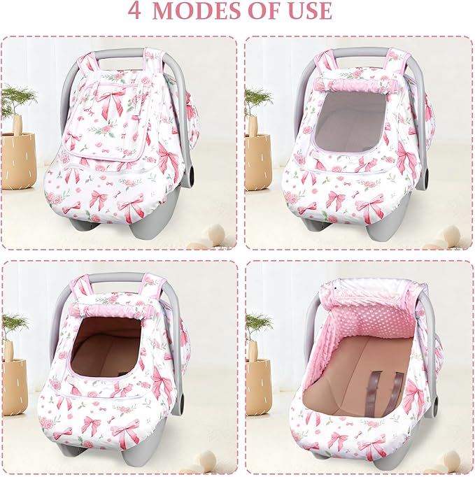 Car Seat Cover Baby Girls Winter, Dual Zipper Infant Carseat Covers with Breathable Mesh, Universal & Warm Protection Canopy Snug Fit Baby Carseats & Strollers, Pink Rose