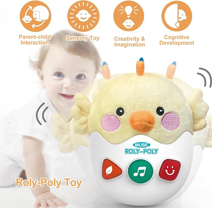 Baby Toys 0-6-12 Months, Chick Musical Plush Cute Stuffed Animal Infant Tummy Toys with Light & Sounds, Roly-Poly Sensory Toy Birthday Valentines Easter Egg Gift for Newborn Boys & Girls