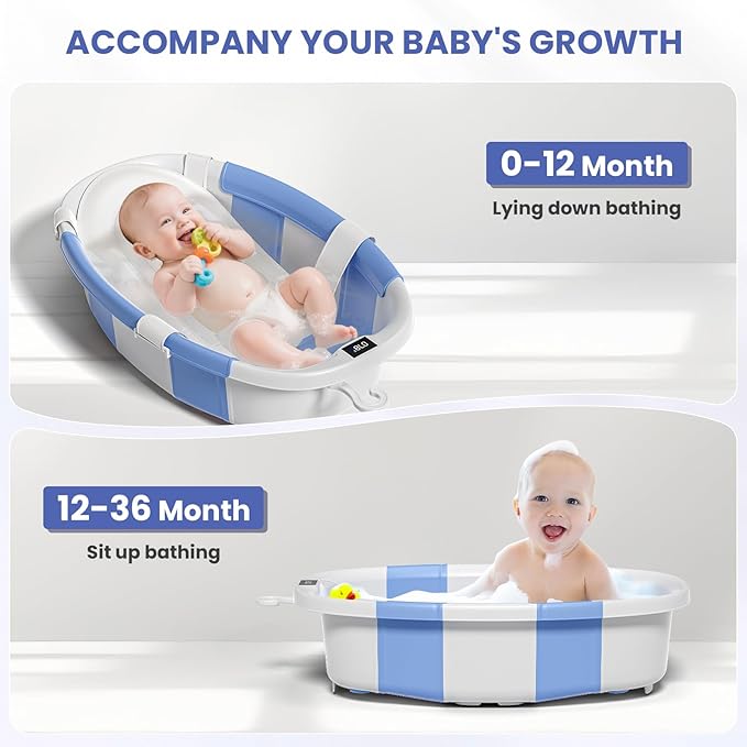 Collapsible Baby Bathtub with Soft Cushion and Thermometer, Newborn to Toddler Tub 0-36 Months with Toy Storage Mesh Bag, Portable Travel Bath for Infants (Blue)