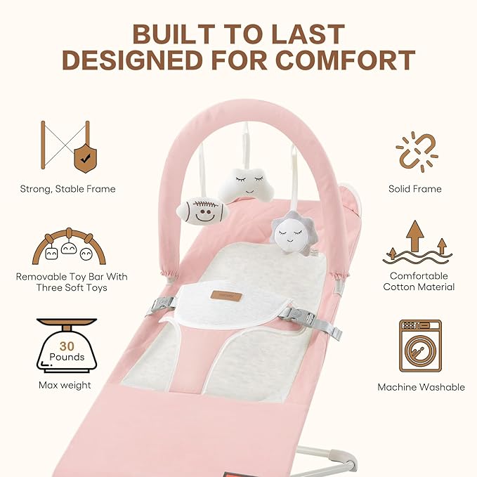 Baby Bouncer, Foldable Infant Bouncer Seat with 3 Adjustable Heights, 0-18 Months, Portable Baby Bouncer with Soft Cotton Fabrics, Lightweight & Easy to Wash