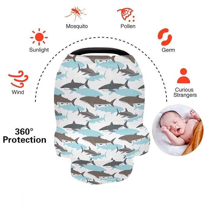 Stretchy Baby Car Seat Covers for Boys Girls Shark Pattern Infant Car Canopy Nursing Cover Breastfeeding Scarf