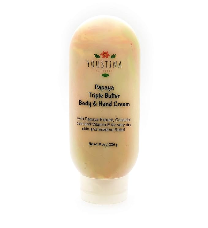 Papaya Triple Butter Body and Hand Cream 8 oz for Very Dry Skin and Eczema relief with Colloidal Oats and Papaya extract, Organic body cream, Vegan Skin care by Youstina Naturals