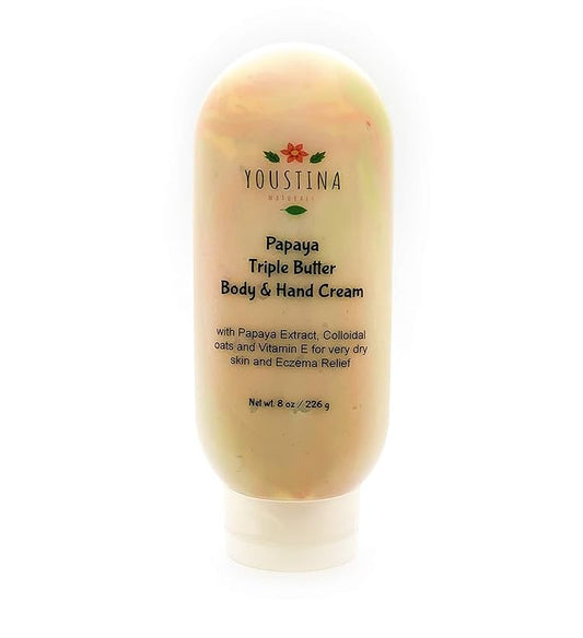 Papaya Triple Butter Body and Hand Cream 8 oz for Very Dry Skin and Eczema relief with Colloidal Oats and Papaya extract, Organic body cream, Vegan Skin care by Youstina Naturals