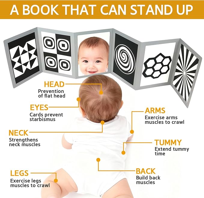 KUANGO Black and White High Contrast Tummy Time Mirror Toys Newborn Toys 0 6 Months Brain Development Infant Stimulating Sensory Baby Mirror Book 0-3 3-6 2 4 5 Months Old Baby Boy Girl Gifts