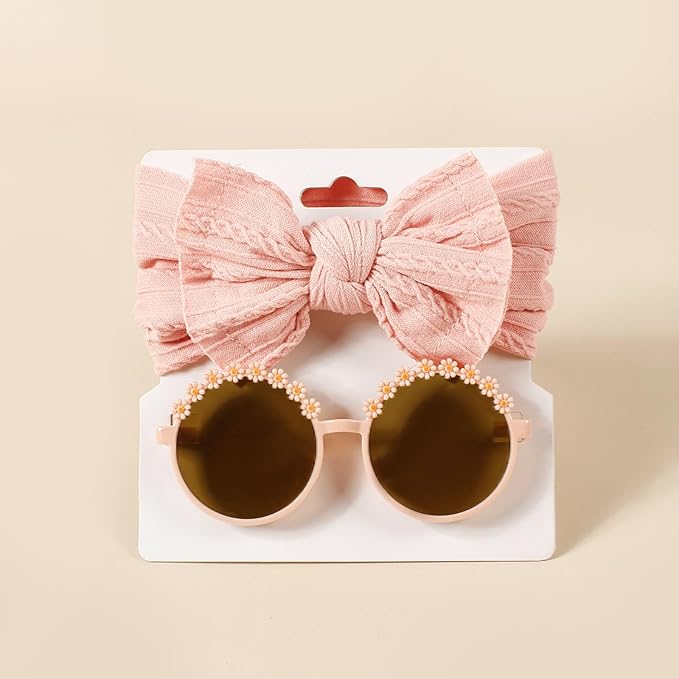Baby Girls Soft Bows Headband and Daisy Flower Sunglasses Set Hair Bow Headwrap Hair Accessories for Toddler Infant