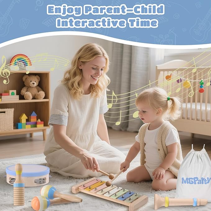 Baby Musical Instruments, Montessori Wooden Musical Toys for Toddlers 1–3, Xylophone Tambourine Triangle Maracas, Wooden Baby Instruments, Kids Preschool Educational Toys, Birthday Gift for Boys Girls