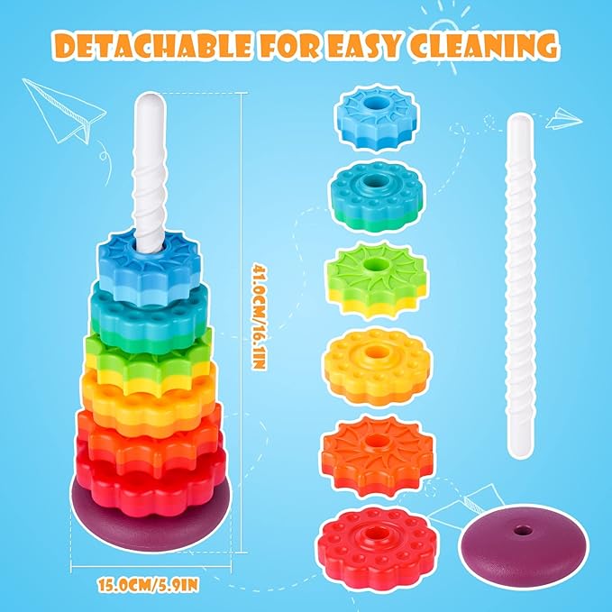 Spinning Stacking Toy for Kids, Rainbow Tower Dual-Color Spinning Wheels Premium Strong BPA-Free ABS Plastic Early Education Fun Learning and Engaging Brain Development Toys (Large 6th Floor)