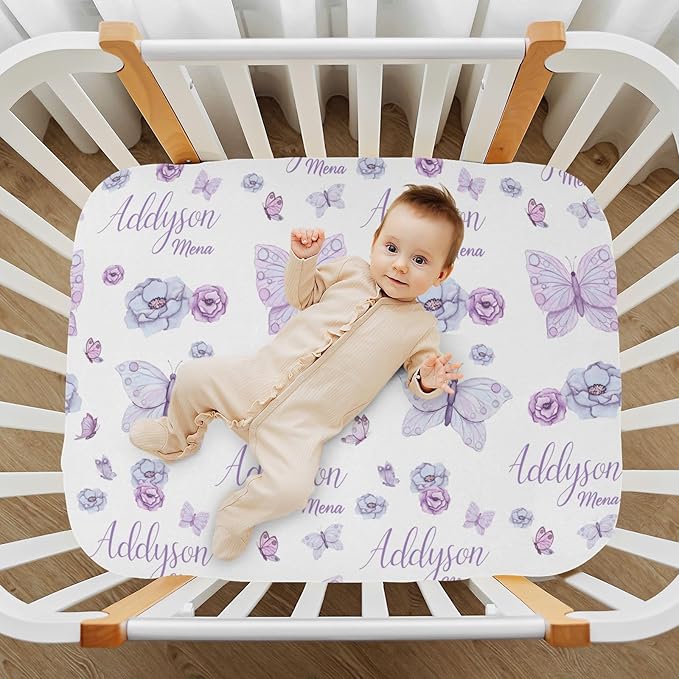 Personalized Pack 'n Play Sheets - Custom Butterfly Baby Mini Crib Sheets for Girls, Fitted Sheet with Name, Soft and Breathable Material