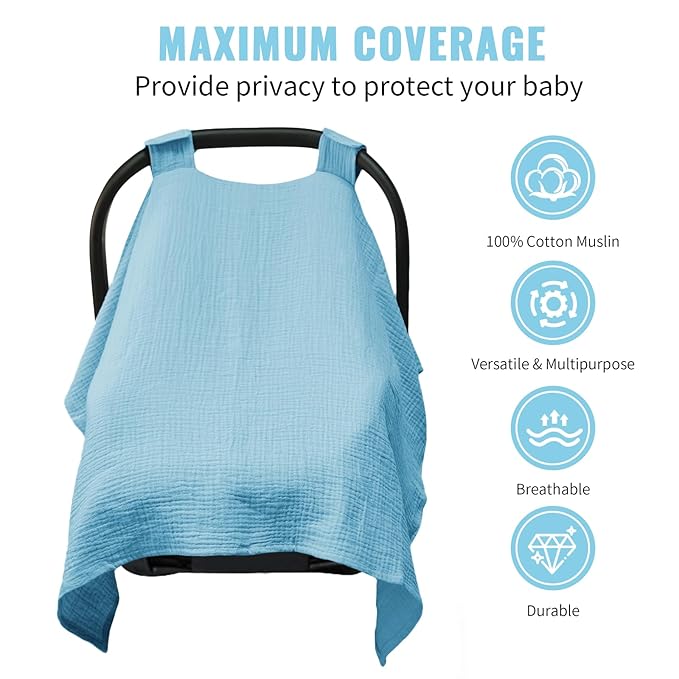 Metplus Muslin Car Seat Cover for Babies, 100% Cotton Breathable Infant Carseat Canopy for Summer, Lightweight Stroller Sunshade Covers for Newborns(Azure Blue)