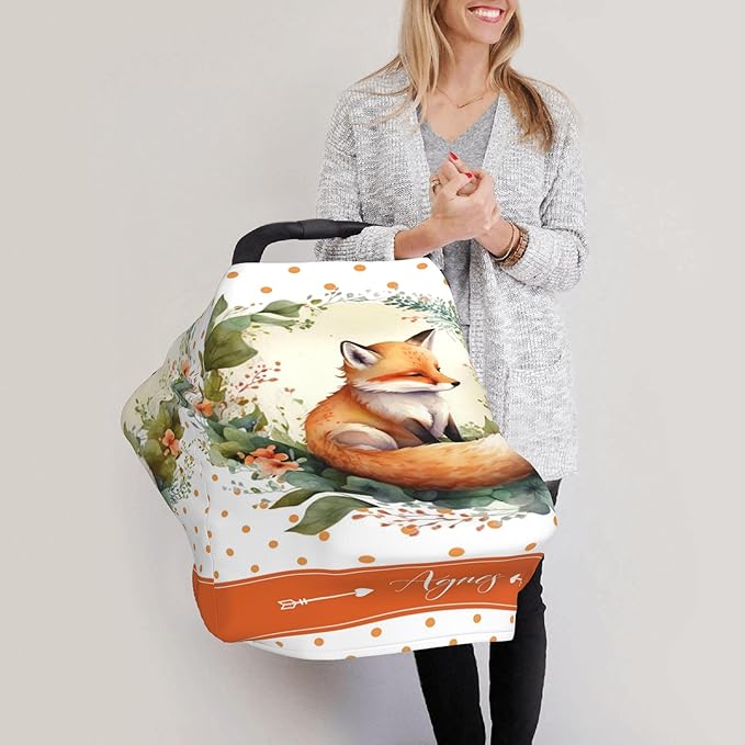 Personalized Fox Baby Car Seat Cover with Name,Multi-Use Canopy for Nursing, Strollers,Shopping Carts,Customized Breastfeeding Cover, Full Privacy,Infant Stroller Cover