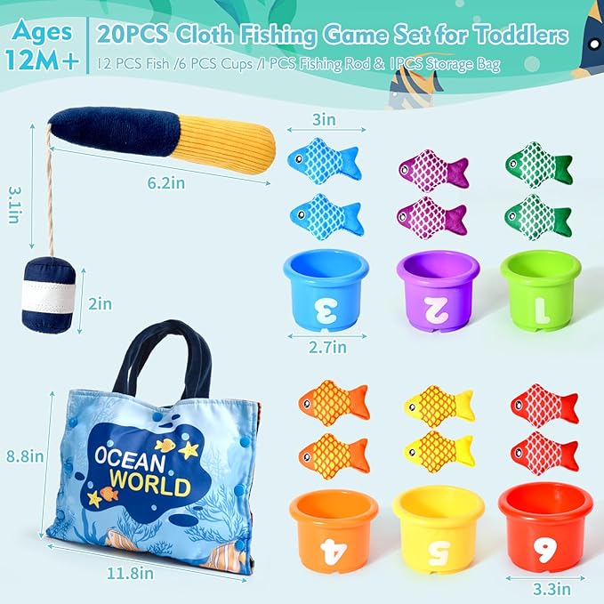 Montessori Toys for 1 Year Old Boy Girl Gifts, Cloth Fishing Game Toddler Toy 1-3, Sorting Learning Baby Toys 6-12-18 Months, Toddler Toys for Baby Easter Gifts