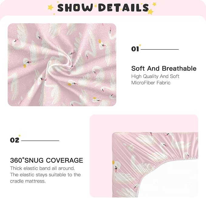 Fitted Crib Sheets Pink Cute Swan Animals Stretchy Portable Playard Sheets for Baby Toddler, Breathable Soft Mini Crib Mattress 39 x 27 in for Boys and Girls