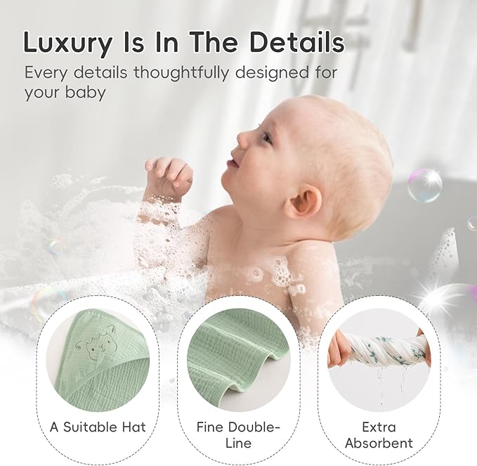 PHF 100% Muslin Cotton Baby Hooded Towels, 2 Pack Bath Towel with Hood for Newborn, Infant, Toddler, Ultra Soft and Absorbent Baby Bath Essentials, Shower Gifts for Boys Girls, 32x32Inch, Leaf