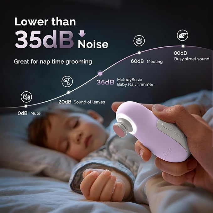 MelodySusie Baby Electric Nail File Kit, PC20F Cordless & Safe Nail Trimmer with Night Light, Quiet Operation for Newborns, Infants, Toddlers, Gentle Nail Care Clipper, Purple