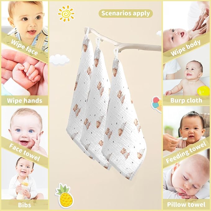 vvfelixl Baby Washcloths Cotton Cute Sleeping Teddy Bears Baby Muslin Washcloths Soft Baby Face Towel for Newborn Infants Baby Wipes, 11.8 X 11.8 inch, one sizex5