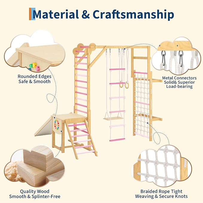 PeakPursuit 8-in-1 Indoor Jungle Gym for Kids Ages 3-10, Wooden Climbing Structure with Slide, Swing, Monkey Bars, Gymnastic Rings, Climbing Rope – Indoor Playground Toy – Natural Wood Pink