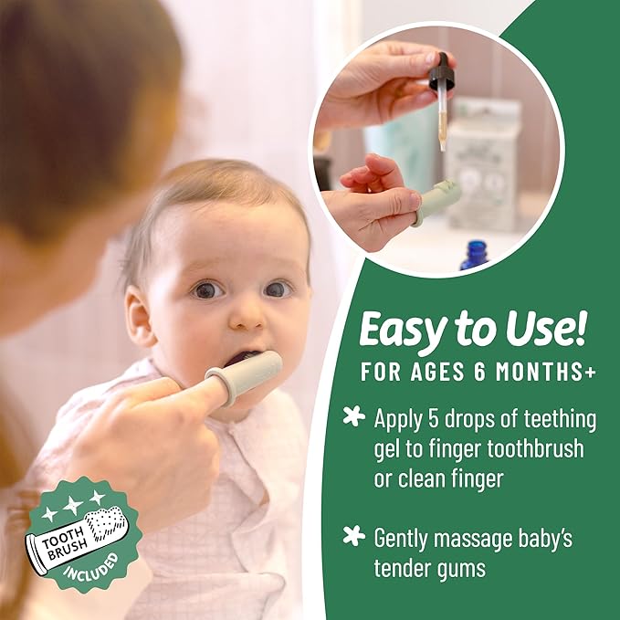 Organic Baby Teething Relief Drops with Silicone Toothbrush, Gum Relief for Babies & Toddlers 6 M+, Soothing Chamomile Clove Blend, Teething Gel Alternative, Sugar Free, 120 Servings, Legendairy Milk